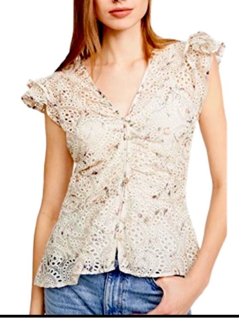 VERONICA BEARD Maryam Cream Multi Eyelet Chiffon Top Size 2